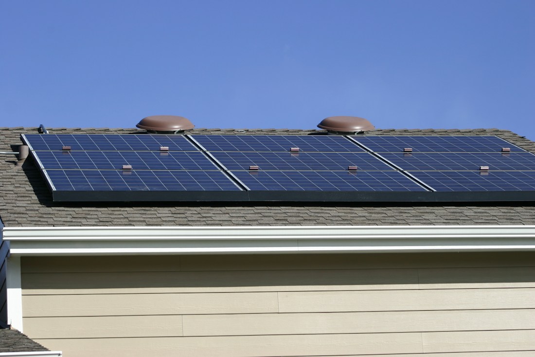 Solar photovoltaic panels on a residential roof